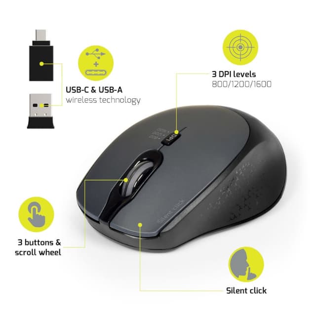Port Wireless Silent 3600DPI 3 Button USB and Type-C Dongle Mouse – Black