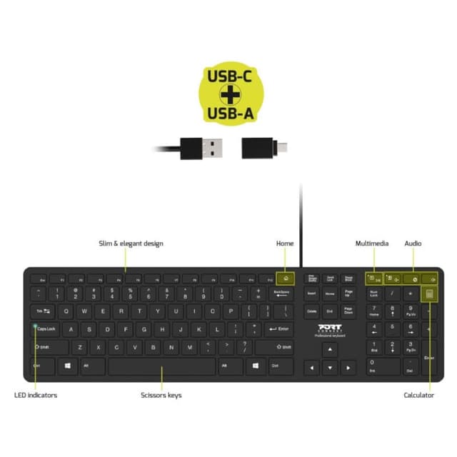 Port Office Executive Low Profile 109key Wired Keyboard – Black