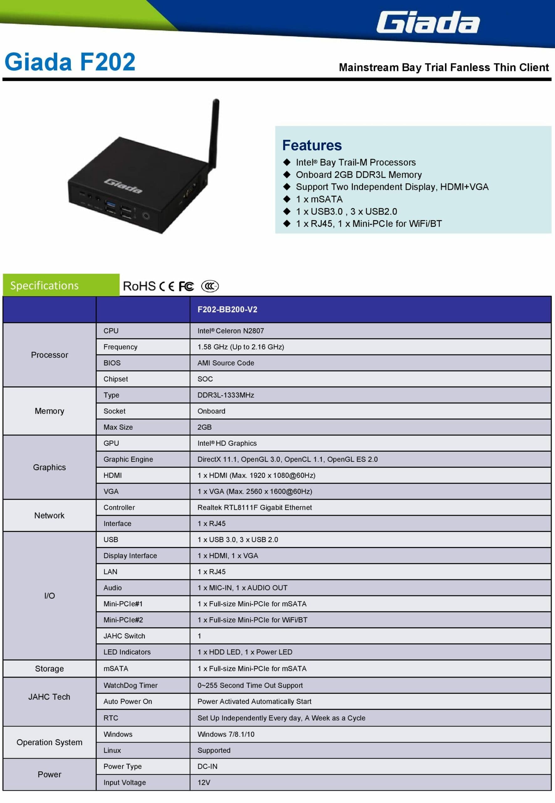Giada F202 Fanless Celeron N2807 2GB 1xVGA|1xHDMI - view 5