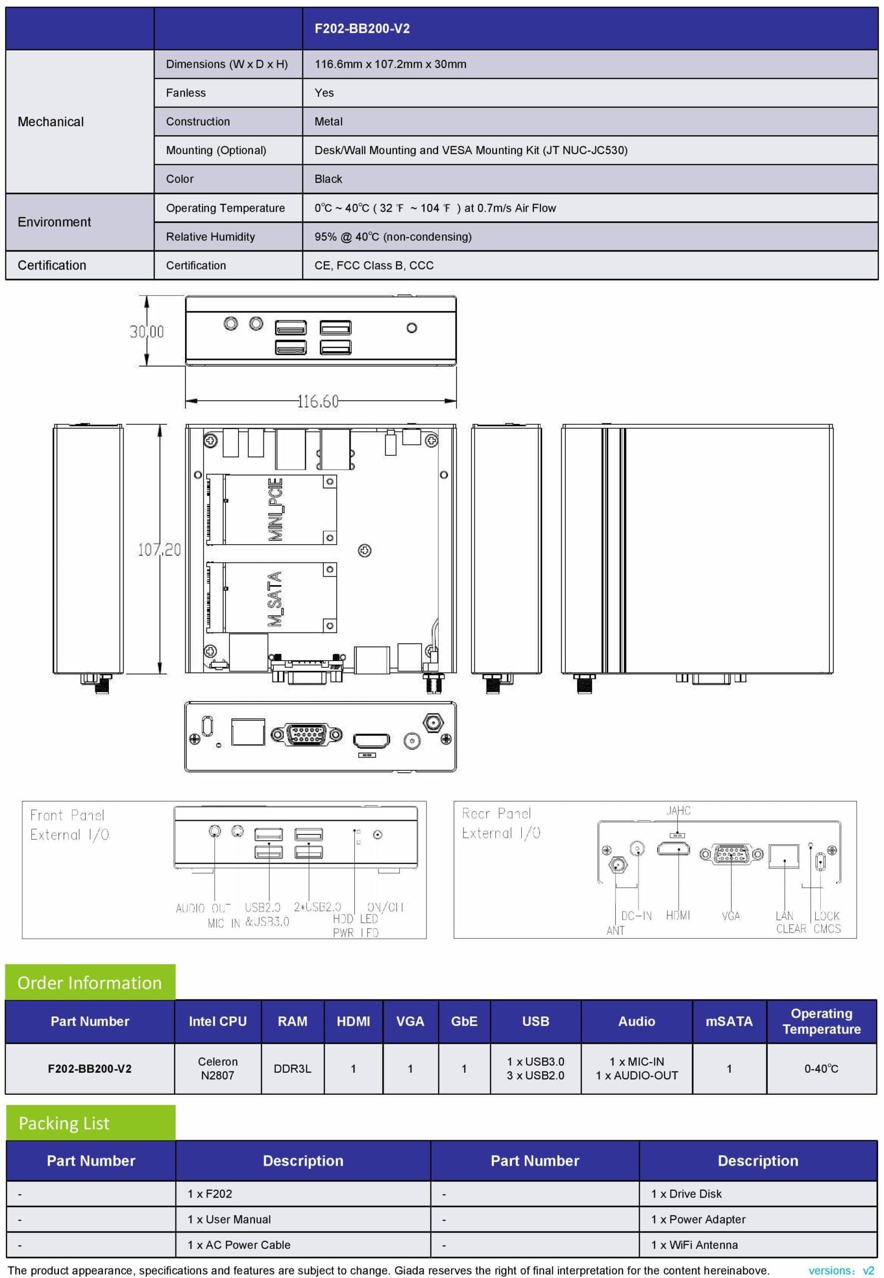 Giada F202 Fanless Celeron N2807 2GB 1xVGA|1xHDMI - view 6