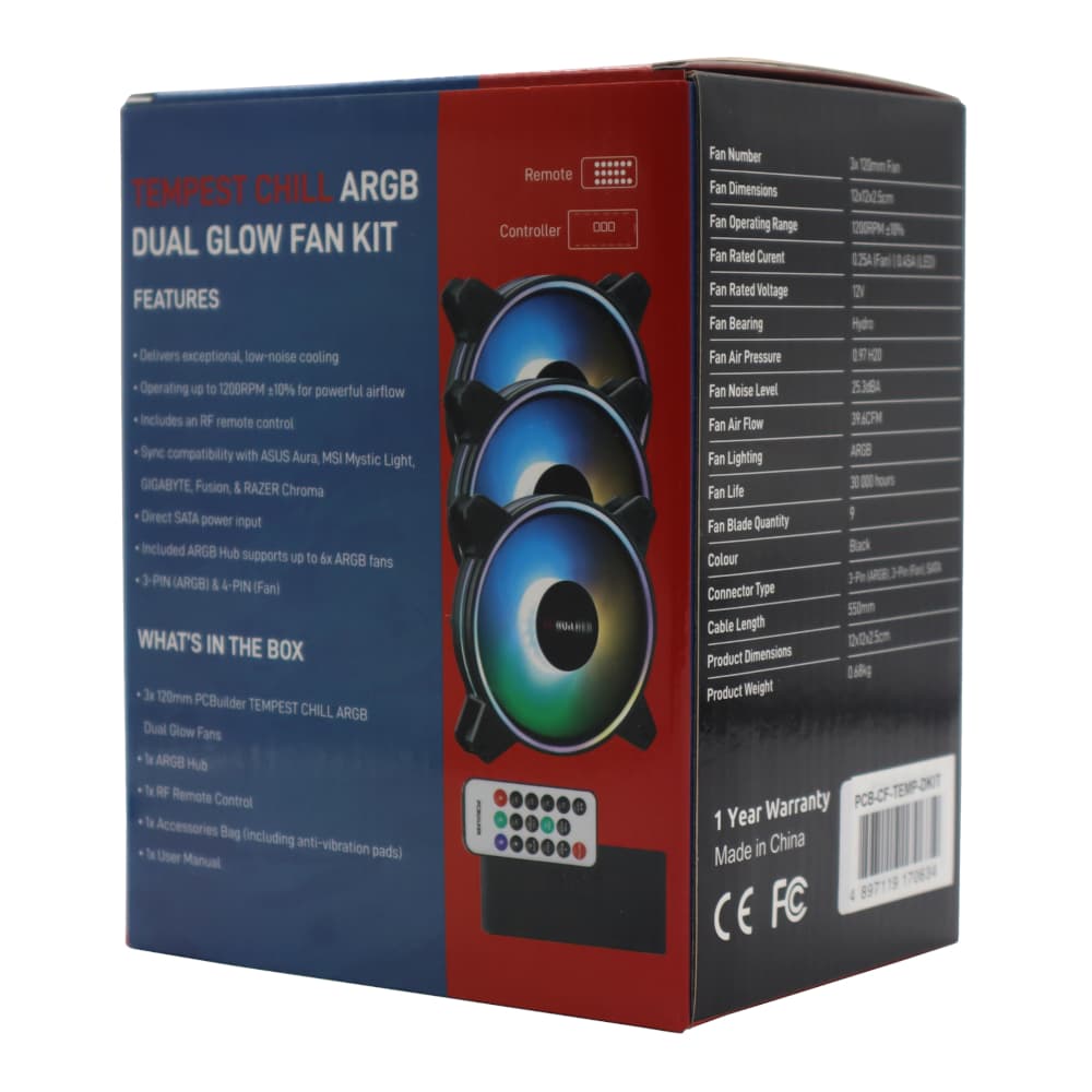 PCBuilder Tempest Chill Fan Kit 3x120MM Dual Glow ARGB Fan + Controller + RF Remote - view 4