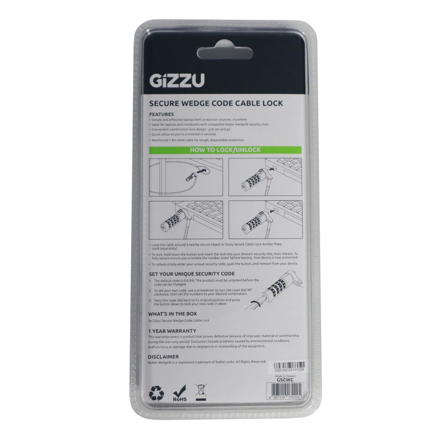 Gizzu Secure Wedge Code Cable Lock 1.8m - view 3