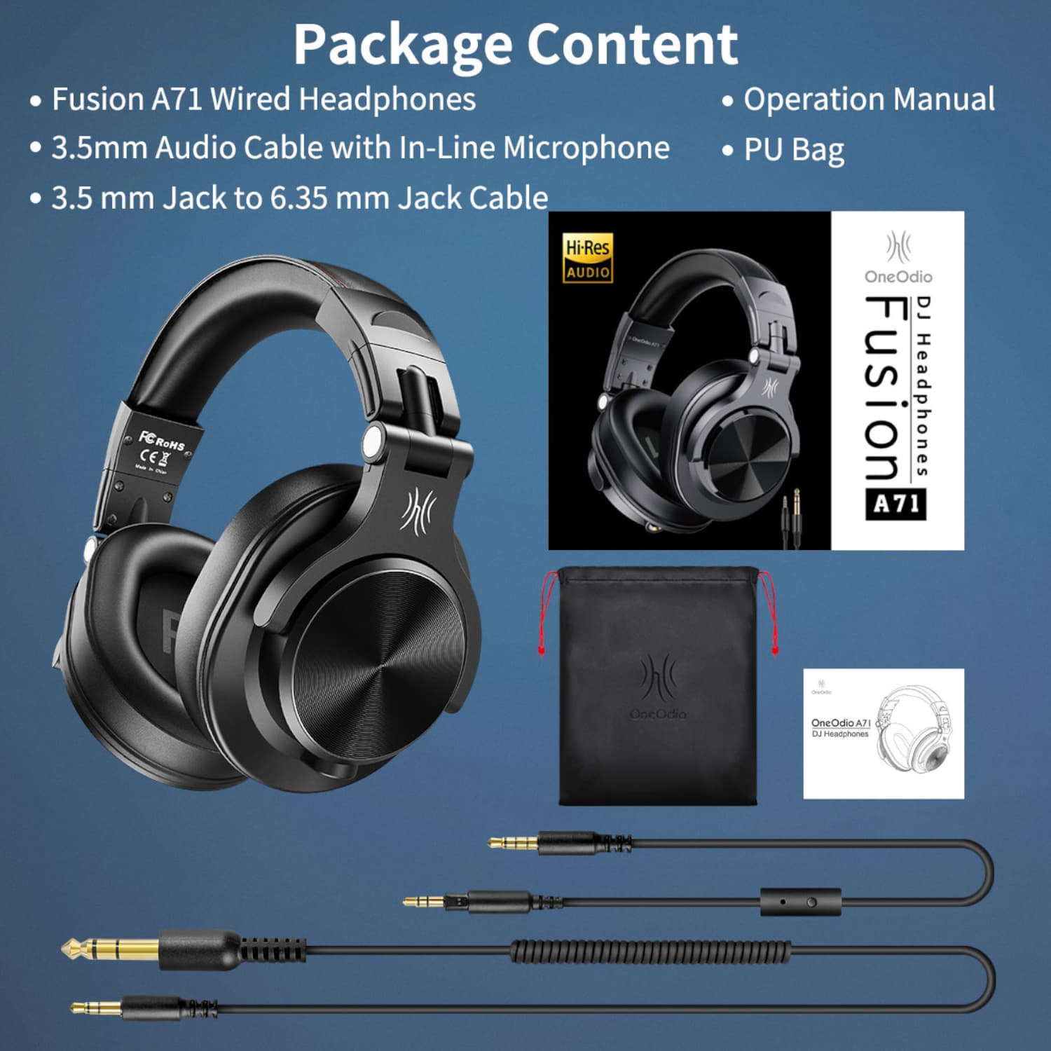 Oneodio Pro A71 Wired Headphones - Black - view 5