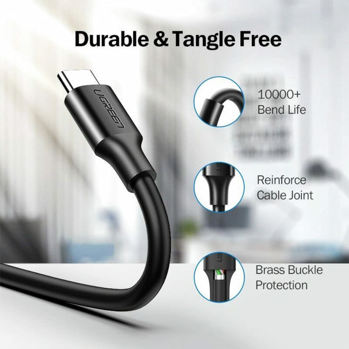 UGREEN Type-C to USB 3.0 Cable 2m – Fast Charging 3A, 5Gbps Sync – Black - view 3